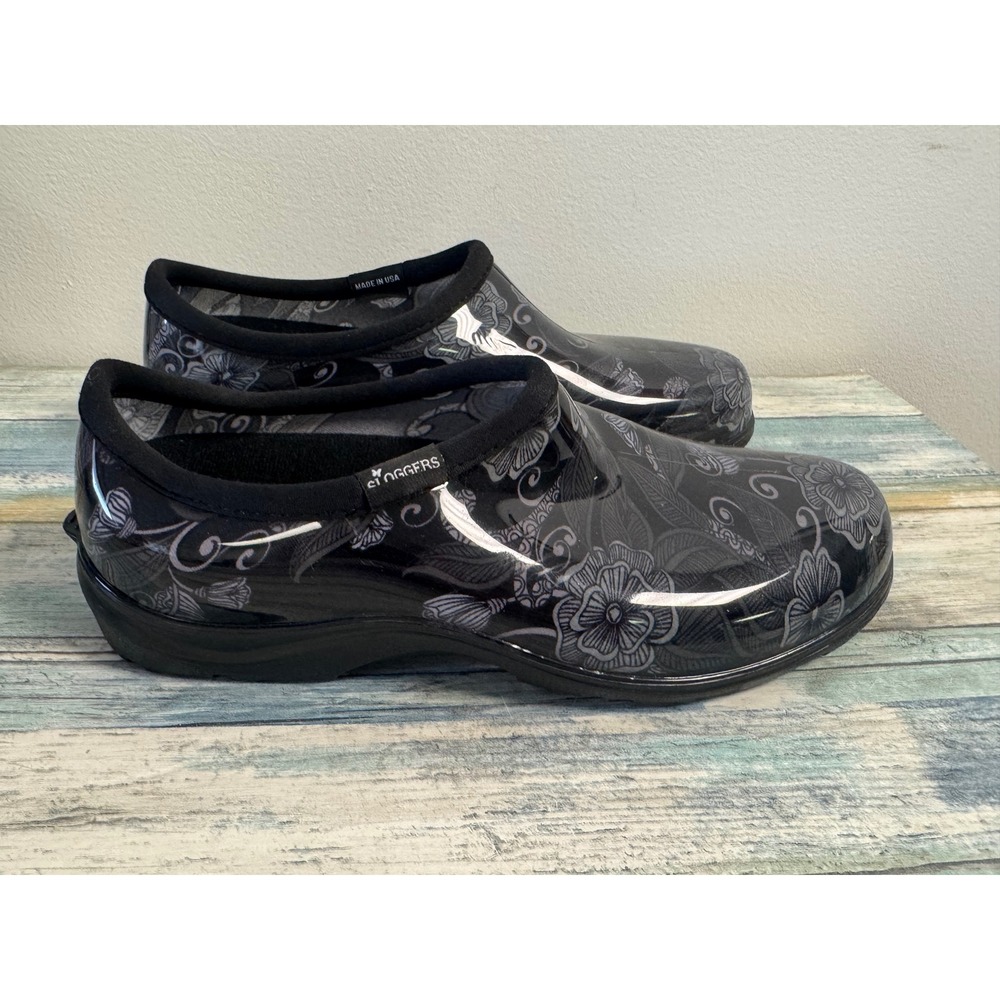 Sloggers Womens 10 Black Grey Floral Paisley Waterproof Garden Shoes Made in USA